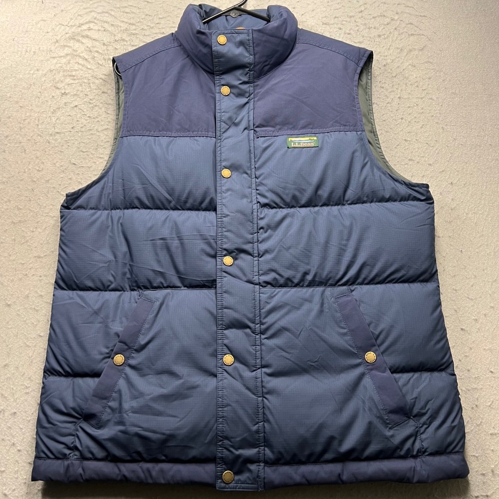 LL Bean Mens Puffer Vest Navy Blue Down Insulated Ripstop Snap Front 505274 M
